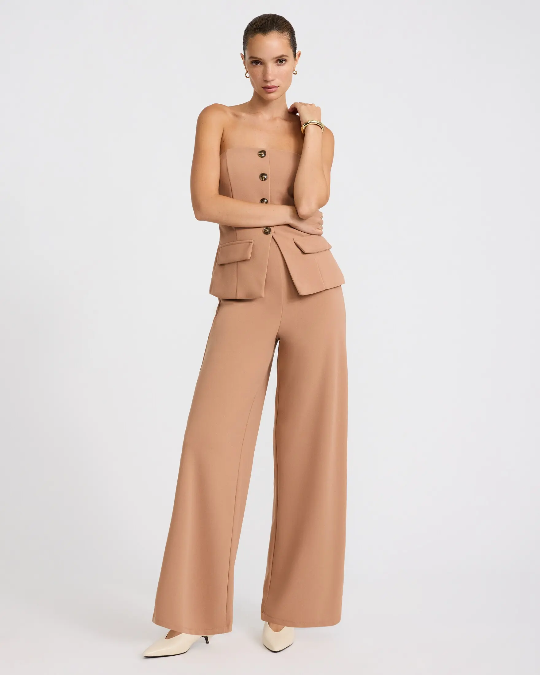 Express Strapless Tailored Button Front Wide Leg Jumpsuit