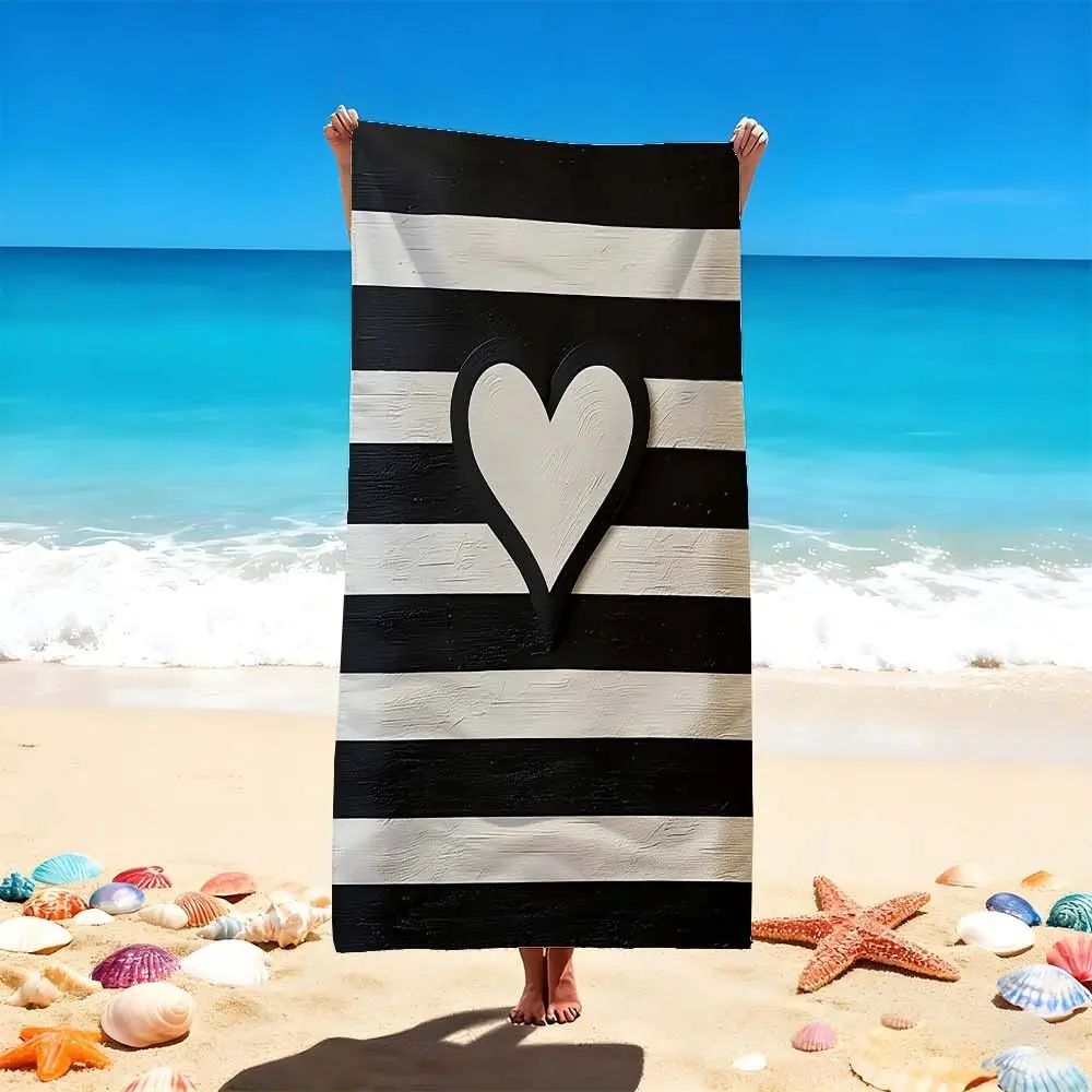 1 Pc Black-and-white striped heart-shaped beach towel, Multifunctional Towel, a comfortable, Lightweight choice for beach and pool, perfect for summer leisure, the heart pattern adds allure