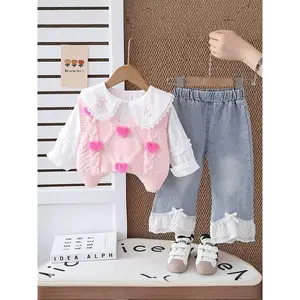 Girls' Spring/Autumn Fashion 3pcs Set! Collared Shirt, Heart Embroidered Vest Design, Lace Pants - Baby Girl Gift, Simple Casual Outfit, Suitable for Outdoor Wear, Perfect for Outdoor