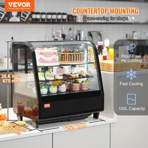 VEVOR Refrigerated Display Case, 3.5 Cu. Ft./ 100L, 2-Tier, Countertop Pastry Display Case Commercial Display Refrigerator with LED Lighting, TURBO Cooling, Frost-Free Air-Cooling, Rear Sliding Door