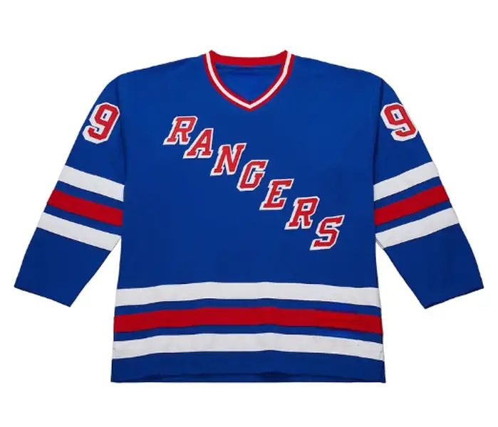 Retro Royal Blue Ice Hockey Jersey Long Sleeve Streetwear Graphic Print Casual Sports Number 99 Varsity Text V-Neck Oversized Sweater Men Women Activewear Unisex Breathable Game Day Uniform