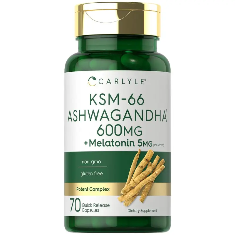 Carlyle KSM-66 Ashwagandha Capsules 600mg | 70 Count | with Melatonin 5mg | Potent Complex | Non-GMO, Gluten Free