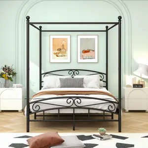 Queen Size Metal Canopy Bed Frame with Headboard and Footboard Four-Poster Bed with Sturdy Slatted Structure Metal 4-Poster Bed Canopy Bed Frame - Black