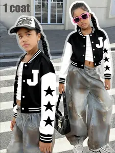 Girls' Fashion Short Letter J Print Star Sleeves Casual Comfy Jacket, Colorblock School Team Coat, for Outdoor, Gift