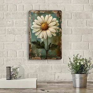 Vintage White Daisy Hand Painted Metal Wall Sign Retro Home Bar Cafe Decor Durable Art Signage for Living Room Club Gift 8x12 Inches Rustic Farmhouse Kitchen Pub Wall Decor