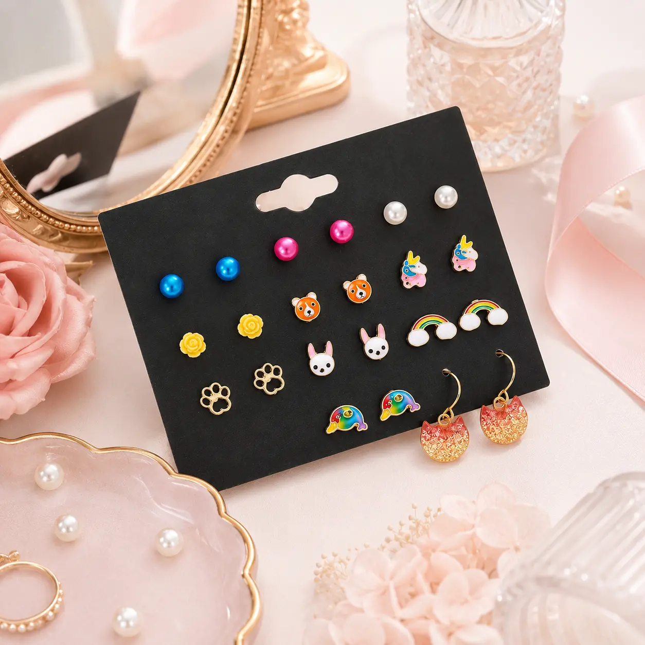 12 Pairs Cute Earring Set for Women and Teens, Colorful Enamel Stud and Dangle Earrings with Unicorn, Rainbow, Bunny, Paw, Bear, Flower, Pearl-Look and Cat Charms, Mix and Match Everyday Jewelry Gift