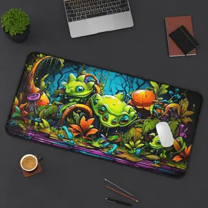 Graffiti Alien Frogs Quirky Cute Desk Mat, Keyboard, Mouse Pad, Gaming Mat, Colorful Green, Futuristic Fantasy