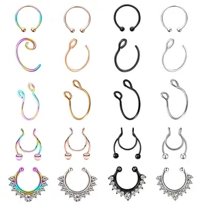 Fake Nose Ring Clip Stainless Steel Imitation Lip and Nose Ring Non-Piercing Clip-On Nose Ring Body Piercing Jewelry Transparent 20-Piece Set
