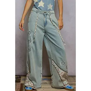 POL Clothing Floral Patches Embroidery Elastic Band Casual Pant