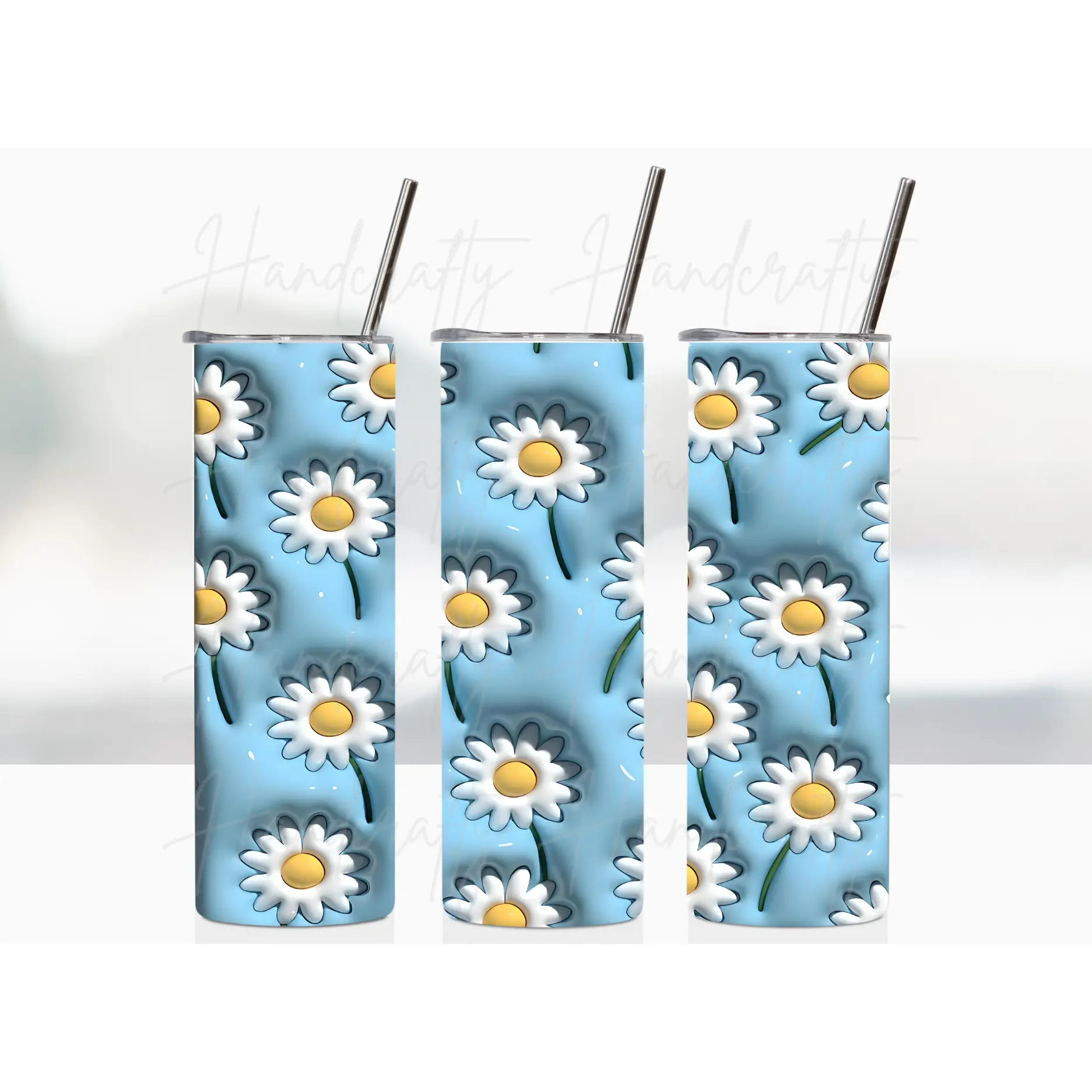 Puff 3D effect daisies customizable insulated tumbler - Laser engraved name option