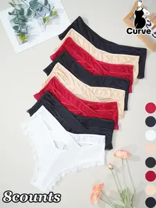 【Plus Size】 Criss Cross Cut Out Scallop Trim Brief, Soft Comfy Breathable Panties for Daily Wear, Women's Underwear for All Seasons, Shaping Panties