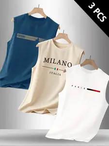 Summer Men's Casual Fitted Sleeveless Vest, Letter Print Design, Outdoor Sports & Daily Wear, Pack of 3 Versatile Pieces, Menswear
