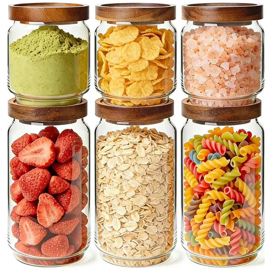 15 & 25 fl oz Food Storage Glass Jar Set, 6-Pack TÜV SÜD-Approved Food Safe Kitchen Containers, Airtight Pantry Storage Jars for Aesthetic Kitchen, Kitchen Organization Gadgets for Coffee Beans, Biscuits, Nuts, Flour, Pasta, Cereal, Spices & Snacks