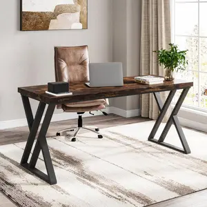 LITTLE TREE 55-Inch Writing Desk, Computer Desk with Solid Metal Legs and Wood Tabletop, Modern Simple Study Desk for Students, Industrial Laptop Workstation for Home Office