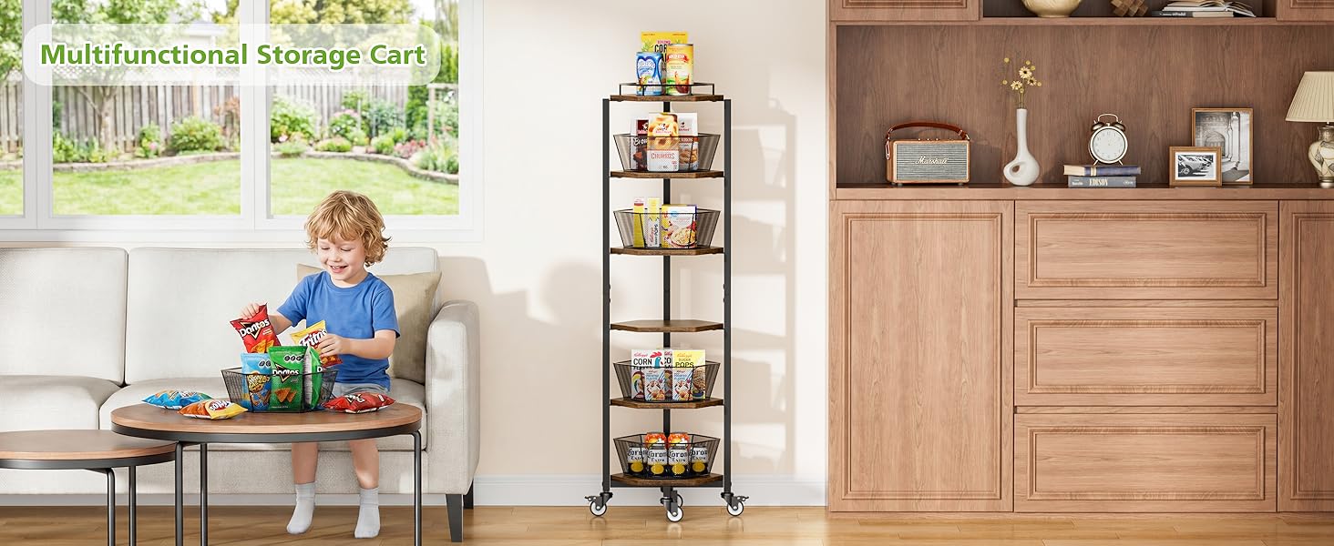 Fruit and Vegetable Storage Basket for Kitchen, 6 Tier Kitchen Cart on Wheels with Storage, Rolling Fruit Basket Stand with 5 Pack Fruit Bowl, Rotating Fruit Organizer Storage Cart for Potato, Onion