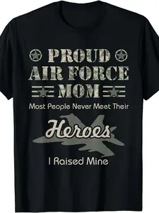 Proud Air Force Mom T-Shirt |   Same Style for Men And Women,  Summer, Short-Sleeved, Printed, Pure, 220G, Crew Neck, All-Season, Vintage Style, Regular Fit, Perfect for Adults