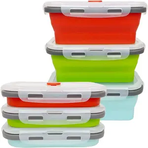 Set of 3 Collapsible Silicone Food Storage Containers 500ml, Microwave & Freezer Safe, Airtight Lids, Silicone Lunch Containers
