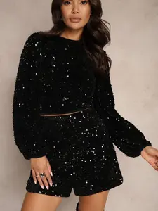 Women's Round Neck Sequin Top and Shorts Fashion Set, Stylish Casual, Perfect for Daily Wear, Trendy Summer Clothing