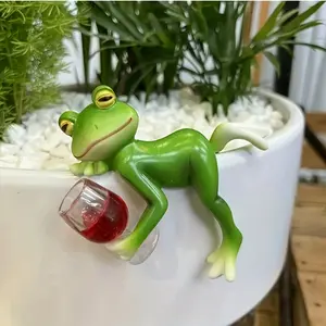 Whimsical Green Frog and Red Wine Glass Hanging Resin Decoration - Fun Indoor/Outdoor Garden, Fish Tank or Flower Pot Edge Decoration for All Four Seasons