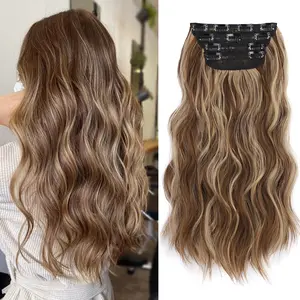 Clip in Synthetic Hair Extensions 4PCS 20 Inch Long Wavy Thick Hairpieces Double Weft Brown Hair Extensions for Women