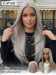 13×4 Glueless Ash Silver Grey Long Layered Straight 24 Inch Lace Front Wig, Synthetic Hair with Natural Hairline, Heat-Resistant, Ideal for Daily Wear, Beginner-Friendly, Layered Straight Wigs