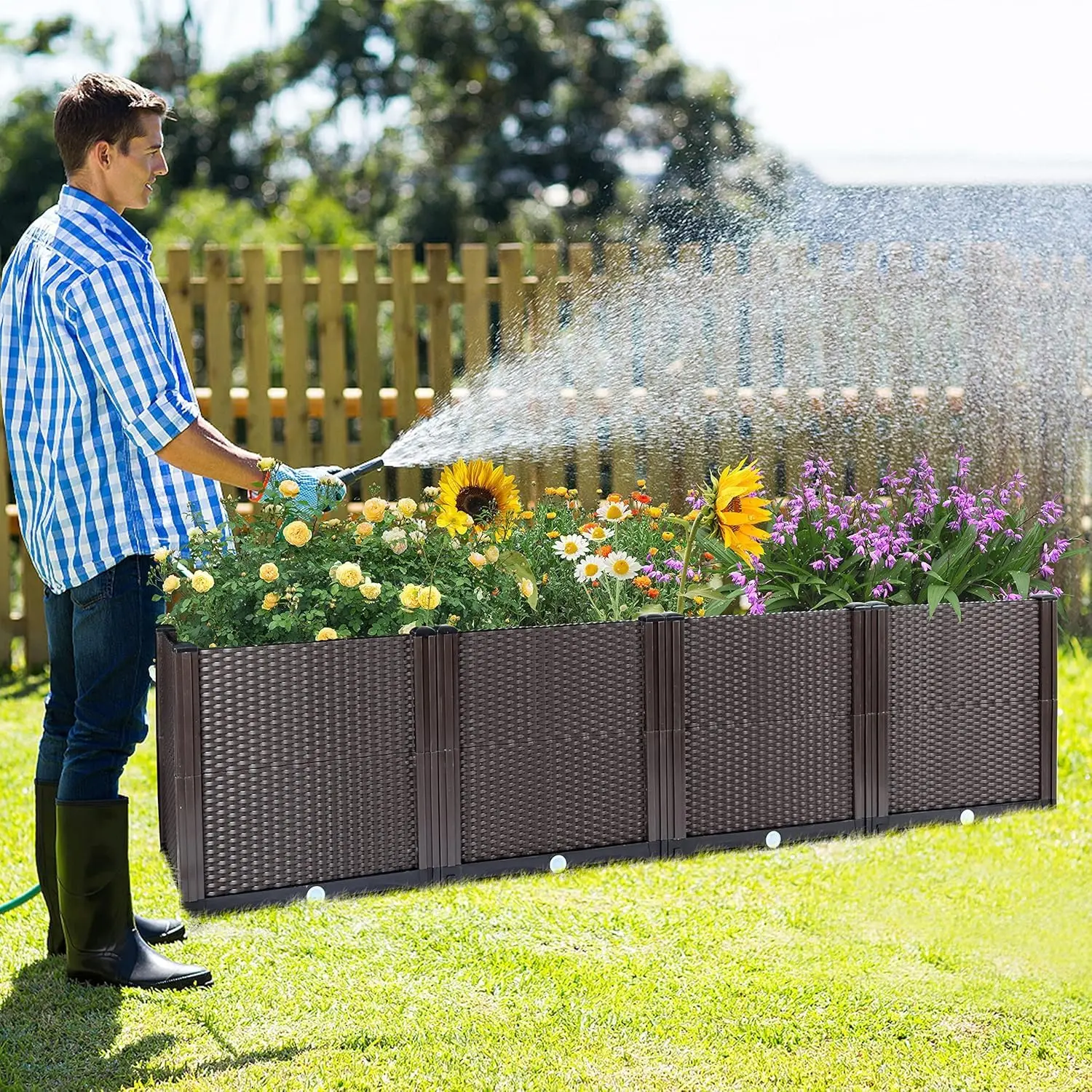 Large Self-Watering Raised Garden Bed Planter Box – Deep Root Design, Drainage Plug, Heat & Frost Resistant – Ideal for Patio, Deck, Balcony – Grow Vegetables, Flowers, Herbs