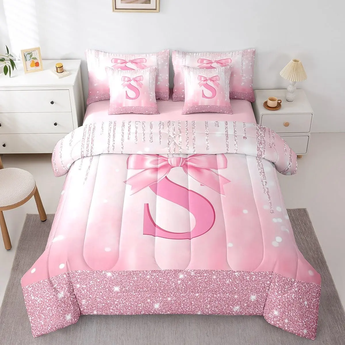 Feelyou 7-Piece Pink Bowknot Bedding Set - Personalized Initial S Bed-in-A-Bag, Princess Glitter Breathable Quilt, Monogrammed Sheets, Soft Comfy Blanket for Teens Girls