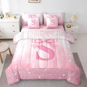 Pink Bowknot 7 Pieces Bedding Set,Personalized Initial S Bed in A Bag,Princess Glitter Comforter Set with Sheets,Bow Monogrammed Teens Bed Set