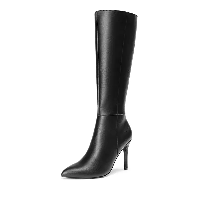 Dream Pairs High Heels, Women's Knee-Length Stiletto Boots in Smooth PU with a Pointed Toe & Side Zip, Black Heels, Women's Clothes, Classy Heels