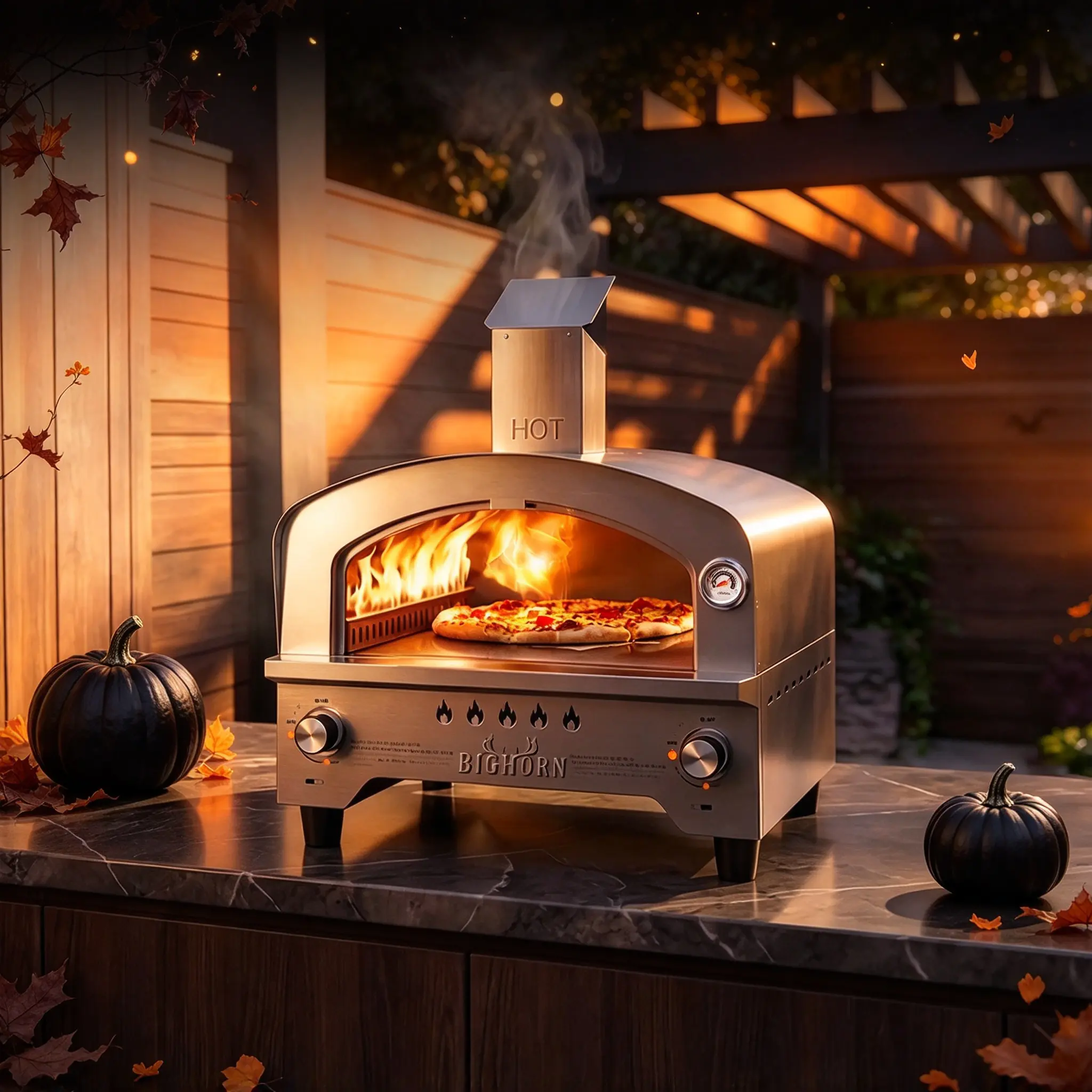 BIG HORN OUTDOORS 15" Gas Countertop Pizza Oven - 750°F Fast Heating, 14.7" Stone Heat, 60s Pizza Bake, Arc Chamber, Stainless Steel, Anti-Skid Grill Stoves, W/Stone,Hose,Thermometer,Ignition for Backyard BBQ,Camping (Cooks Steaks,Veggies,More)