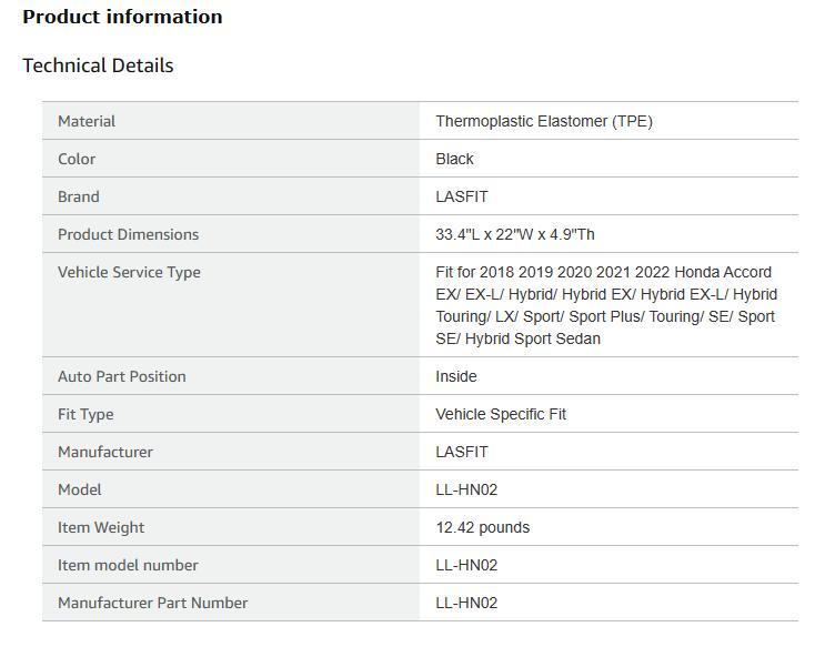 LASFIT Floor Mats Fit for 2018-2022 Honda Accord Sedan (Include Hybrid Models), All Weather TPE Car Liners,1st and 2nd Row Set