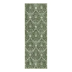 2 x 6 ft Polyester Cashmere Green Rectangular Hallway Bathroom Entryway Kitchen Office Foldable Flower Printed Damascus Washable Area Rug