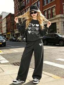 Teen Girls Casual Heart Print Sweatshirt & Wide Leg Pants Set, Sporty Style, Loose-Fitting, Fall&winter, Student Party