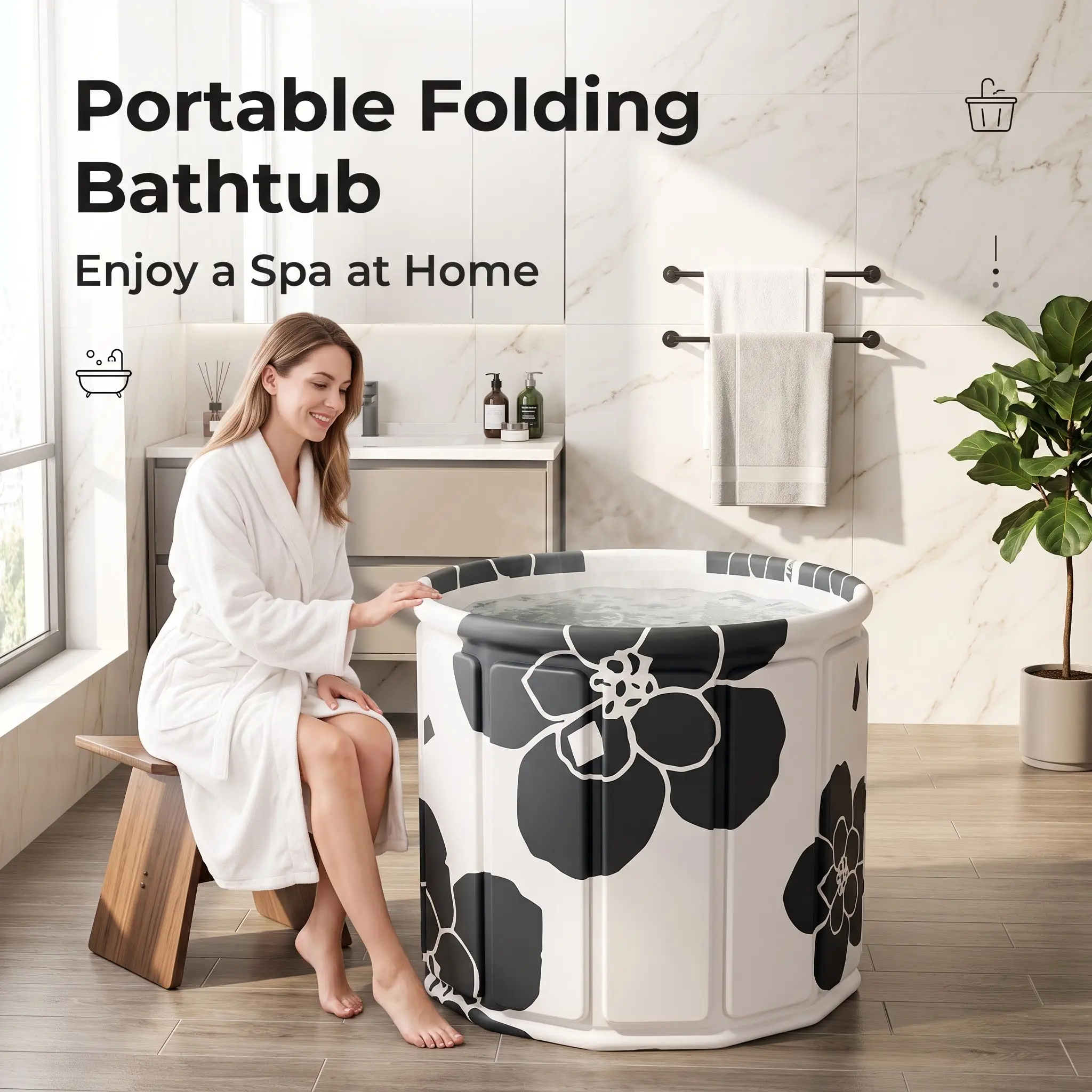 Portable Foldable Adult Bathtub - 6-Layer Insulated Collapsible Soaking Tub for Home SPA, Space-Saving Freestanding Tub for Small Bathrooms, Multiple Stylish Patterns Available