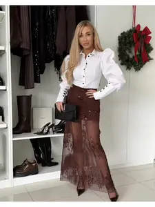 Spring Women's Sexy Sheer Panel Sequin Patchwork High Waist A Line Midi Skirt