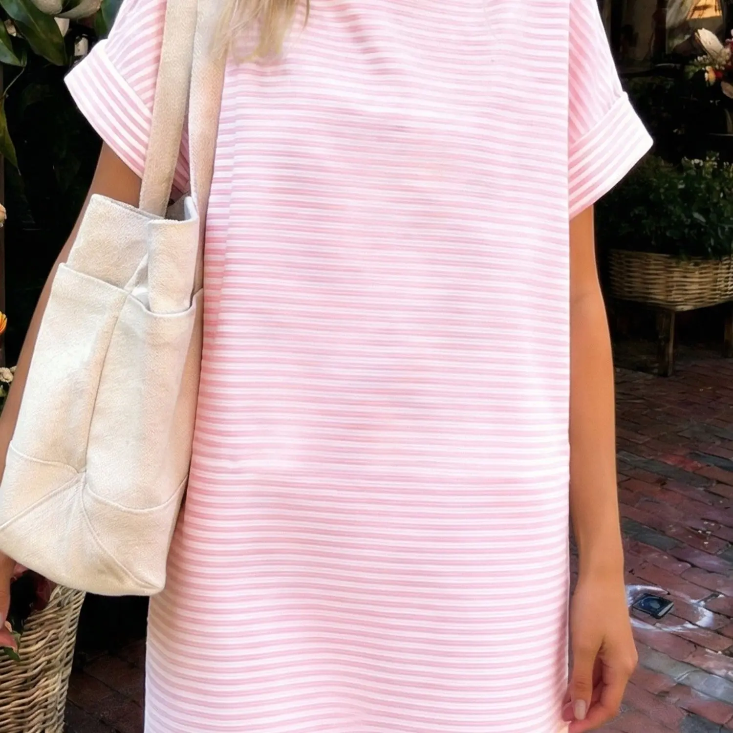 Pink Stripe Cuffed Short Sleeve Contrast Mock Neck Tee Dress