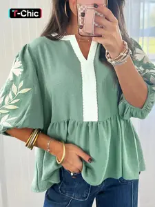 Summer Fashion Colorblock V-Neck Embroidered Bubble Sleeve Blouse Shirts Doll Top, Stylish Contrast Design, Perfect for Casual Wear