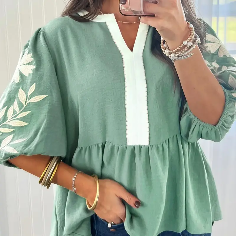 Summer Fashion Aesthetic Colorblock V-Neck Embroidered Bubble Sleeve Women Blouse Shirts Doll Top, Cute Stylish Contrast Design, Perfect for Casual Wear Floral, Bubble Sleeves Top