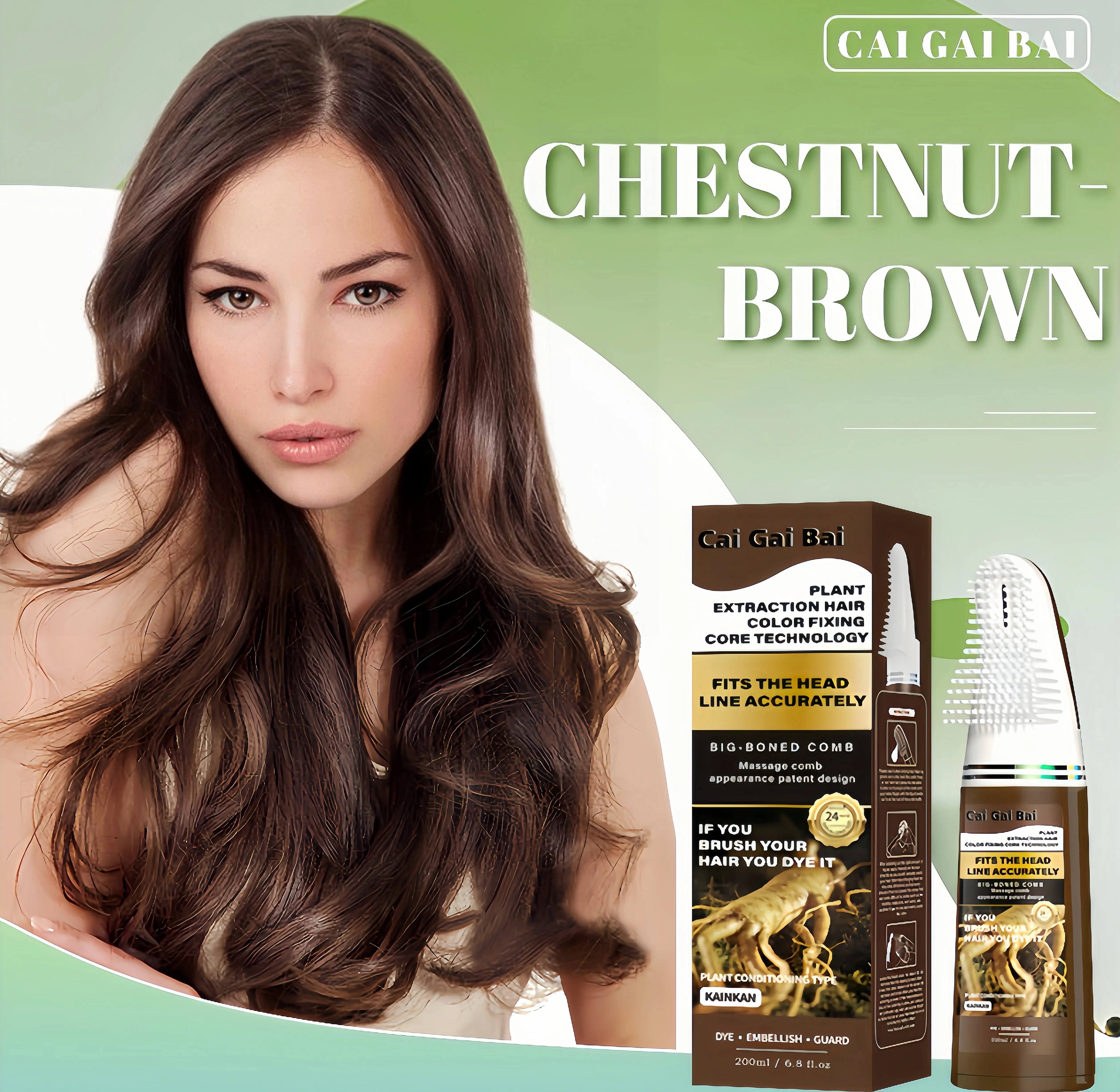 Cai Gai Bai Plant Hair Color Comb Dye Kit,（Chestnut Brown) 200ml Easy Self Hair Coloring Shampoo With Built-In Massage Comb, Natural Ginger Ginseng Polygonum Extract Conditioning Hair Dye For Gray Root Coverage At Home