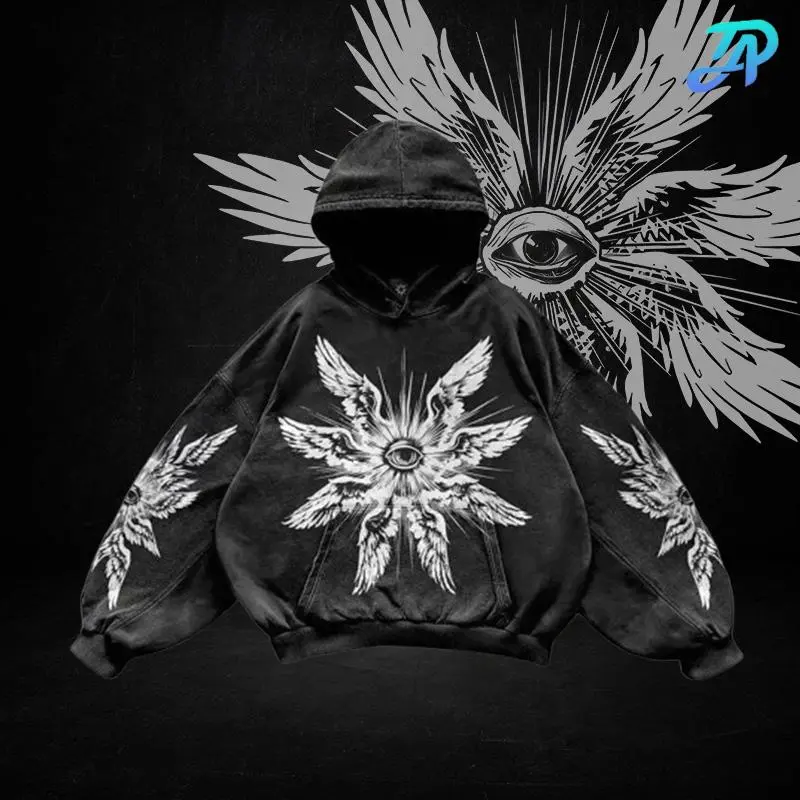 Gothic Angel Eyes Print Premium Casual Graphic Washed Oversized Hoodie Graphic Acid, Aesthetic Streetwear, 2k Clothing, Menswear Oversized Tops, Gym Clothing, Gothic y2k Hoodie, Top Women and Men Made In USA