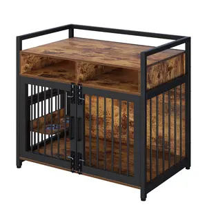 48" Wooden Dog Crate Furniture for Large Dogs, Heavy Duty Dogs Kennel Furniture with 2 Open Storage Shelves, 360° Adjustable Raised Feeder Bowls, Decorative Dog Kennel End Table
