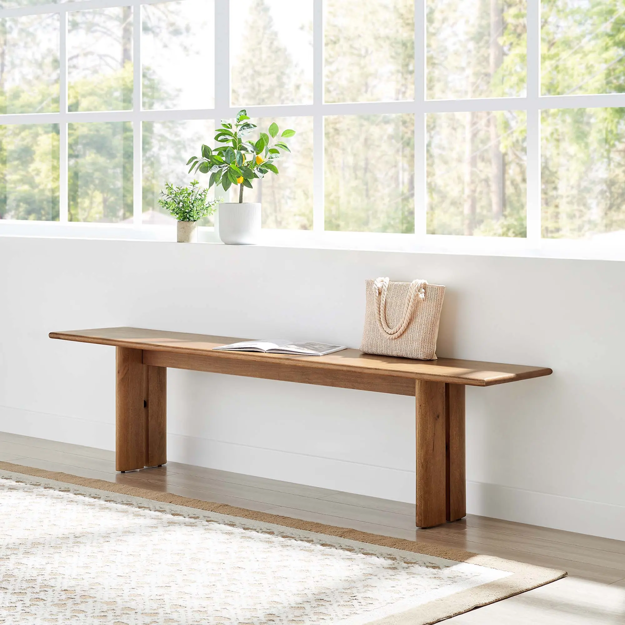 Amistad 72" Wood Bench - Walnut Finish, 4 Seats, Living Room Furniture with Farmhouse Look