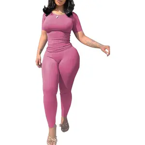 2 Piece Sets for Women Summer Casual Jogger Workout Outfits Fitted Crew Neck T-shirt High Waist Legging SetsGift