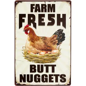 Chicken Signs Farm Fresh Butt Nuggets Metal Sign Chicken Coop Signs, Funny Chicken Decor for Country Cottage, Chicken Egg Sale Outdoor Wall Decor Art for Yard Market Farm Country 8X12Inch Harooni