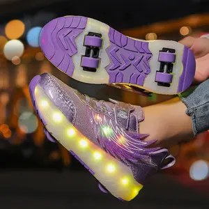 Kids LED Light Up Roller Skate Shoes for Girls - Night Glow 4-Wheel Detachable Wheeled Sneakers,Glitter Wing Design, Velcro Strap Light Up Skate Shoes for Birthday Christmas Gifts