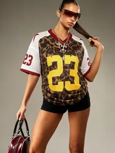Women's Leopard Print Soccer Jersey, Y2K Mesh V-Neck Streetwear T-Shirt, Trendy 23 Design, Retro Sports Style, Summer Casual Top