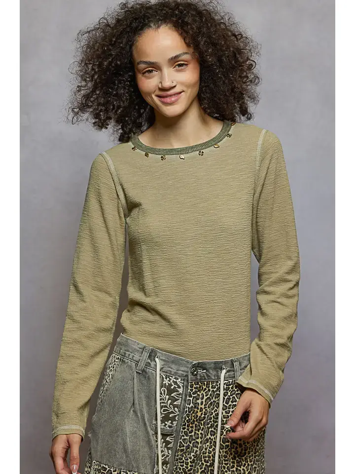 Long Sleeve Solid Pattern Stud Detail Textured Knit Top