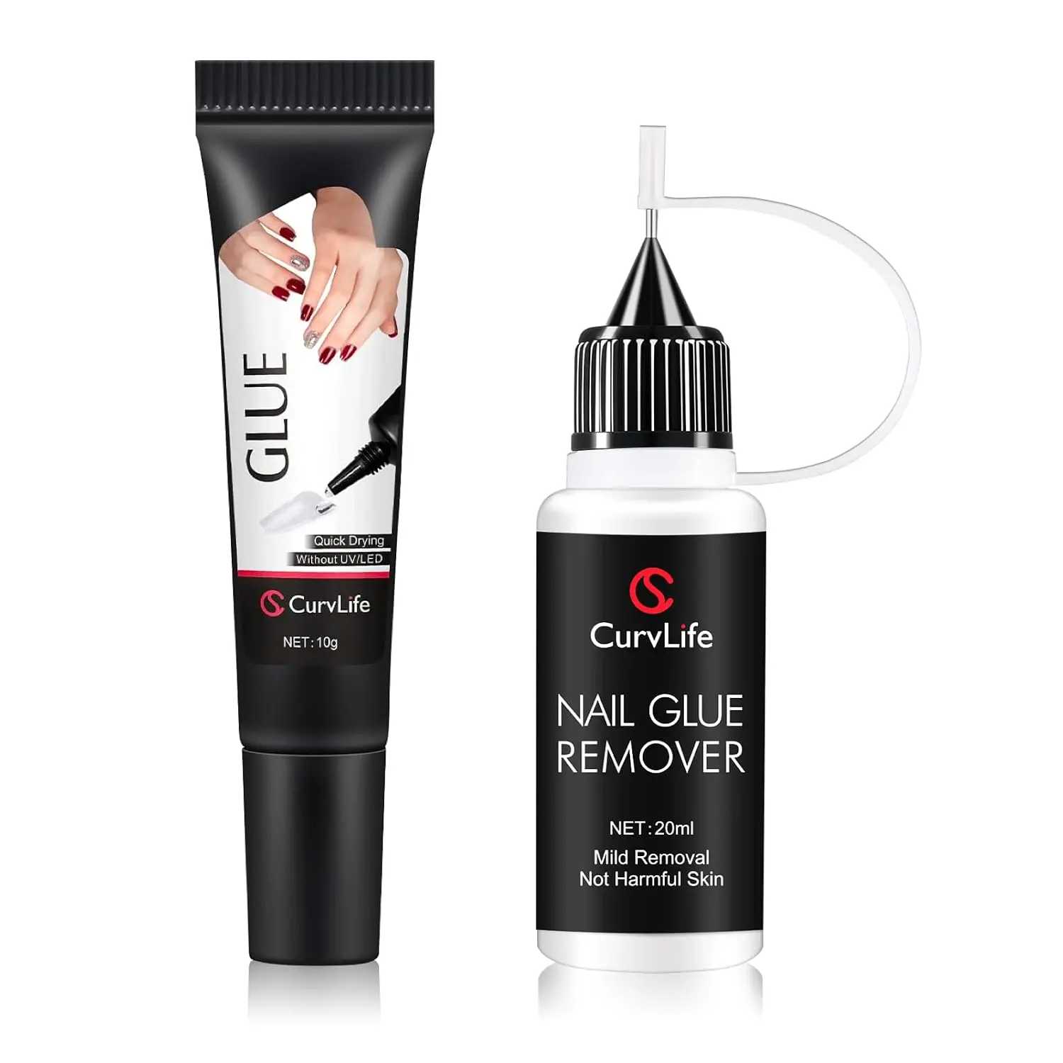 Curvlife 10g Semi-Solid Glue and 20ml Pinpoint Nail Glue Remover Kit | No UV Lamp Needed, Air-Dry Nail Glue Gel for Press on Nails, with Gentle Non-Acetone Remover, Long-Lasting Hold