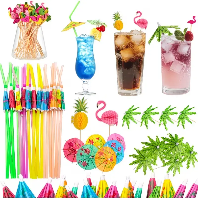 180Pcs Tropical Cocktail Drink Umbrellas Decor Kit, Mixed Mini Umbrella Straws & Fruit Toothpick Picks, Vibrant Island Themed Garnish Supplies, Perfect for Aloha Hawaiian Luau Pool Summer Party Tiki Bar Festive Drinkware Decor