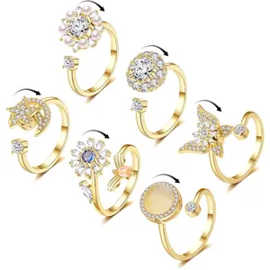 6 plated rings for women, adjtable spinner ring, cz erfly bee moon star fidget women